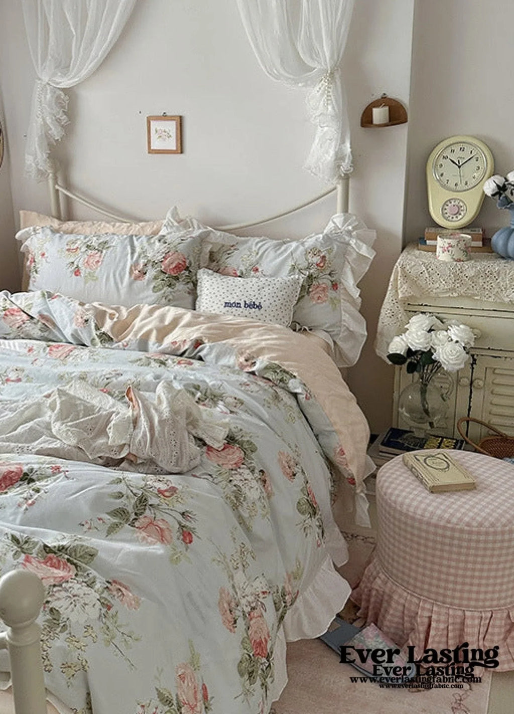 French Ruffle Floral Bedding Set / Gray Ever Lasting