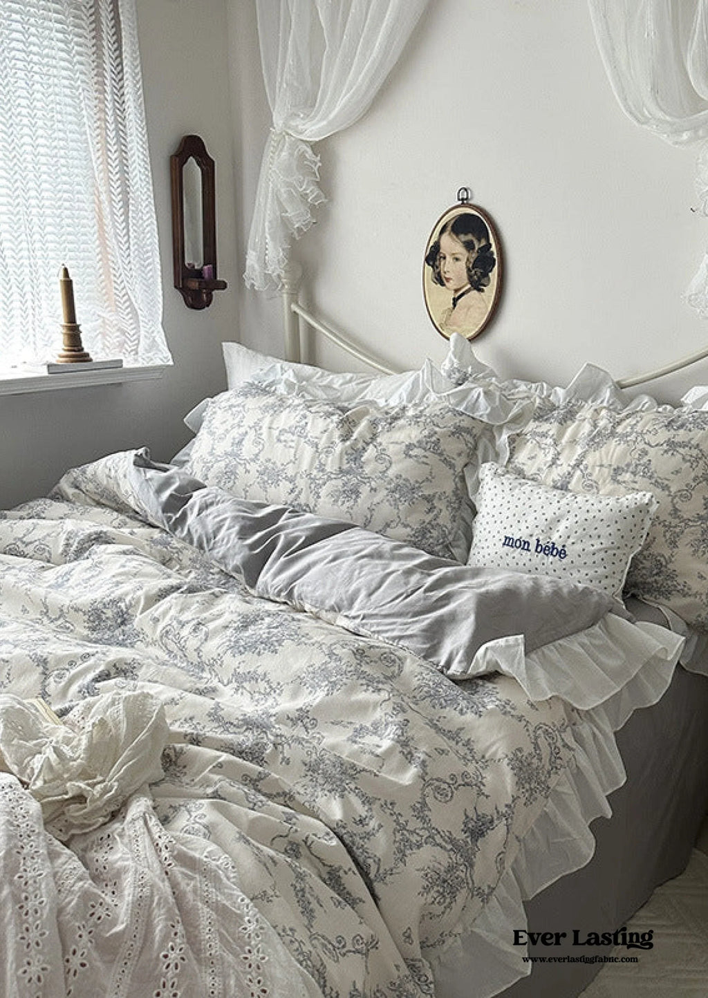French Ruffle Floral Bedding Set / Gray Ever Lasting