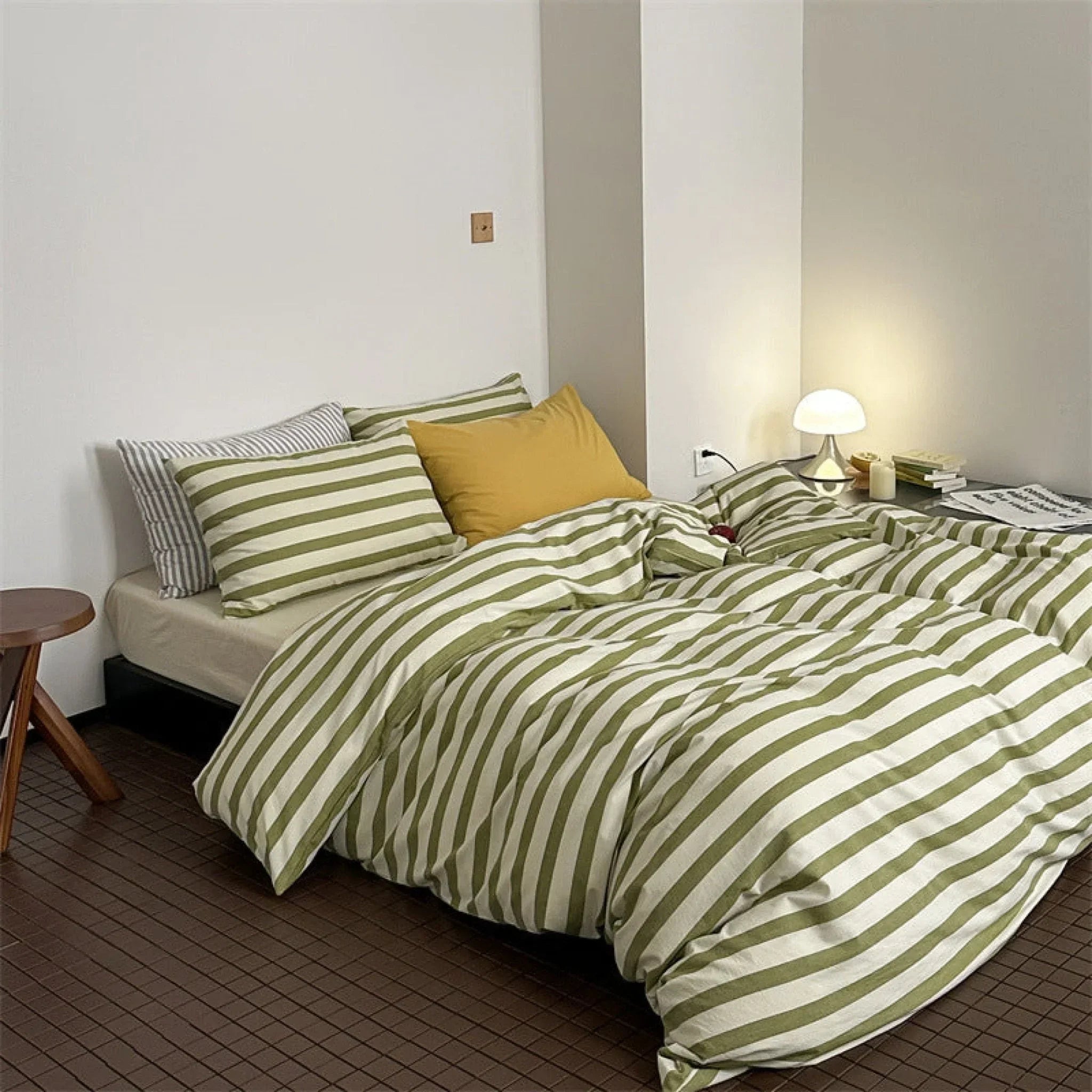 French Stripes Minimal Bedding Set / Green Yellow Ever Lasting