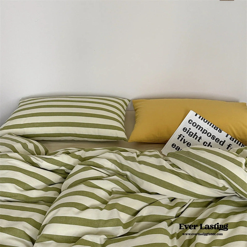 French Stripes Minimal Bedding Set / Green Yellow Ever Lasting