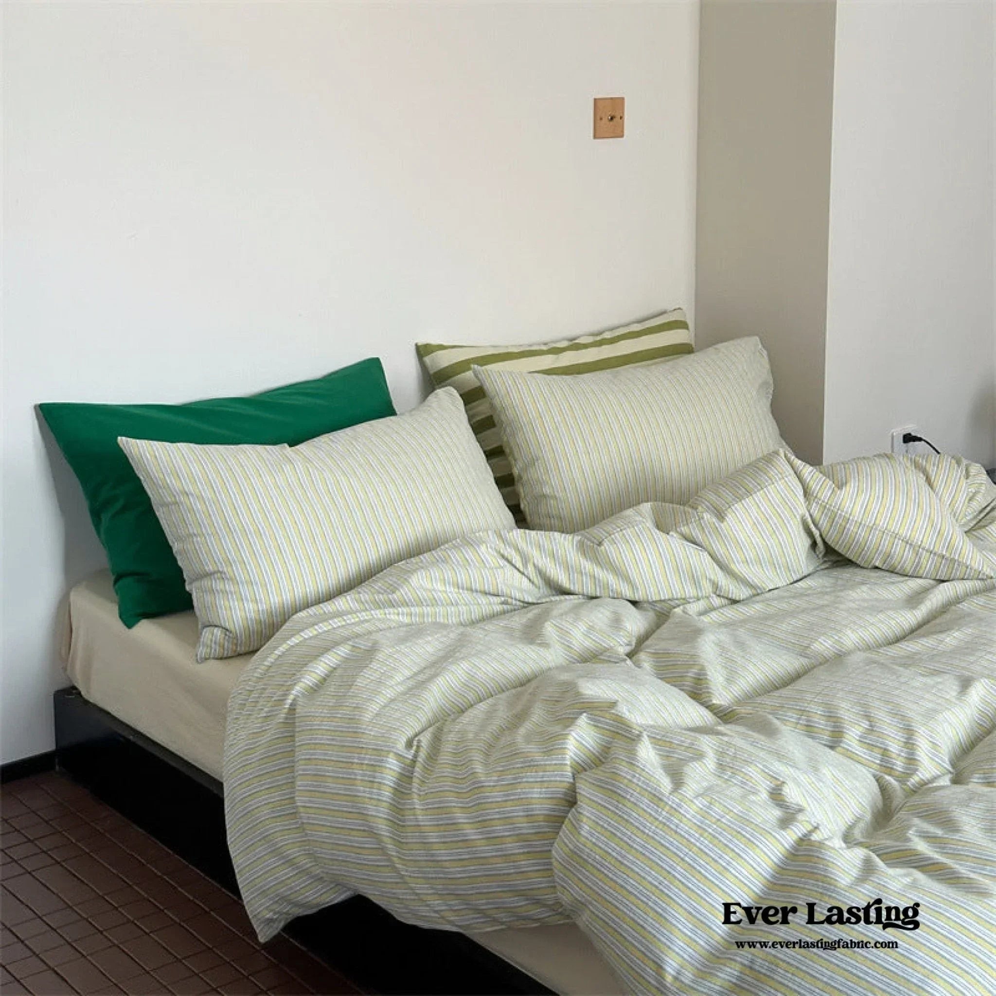 French Stripes Minimal Bedding Set / Green Yellow Ever Lasting