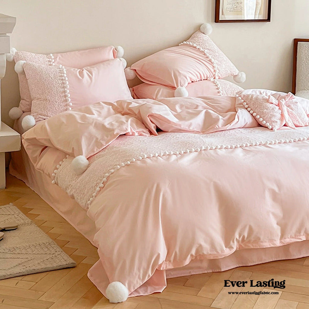 French Sweet Lace Plush Ball Bedding Set / Pink Ever Lasting