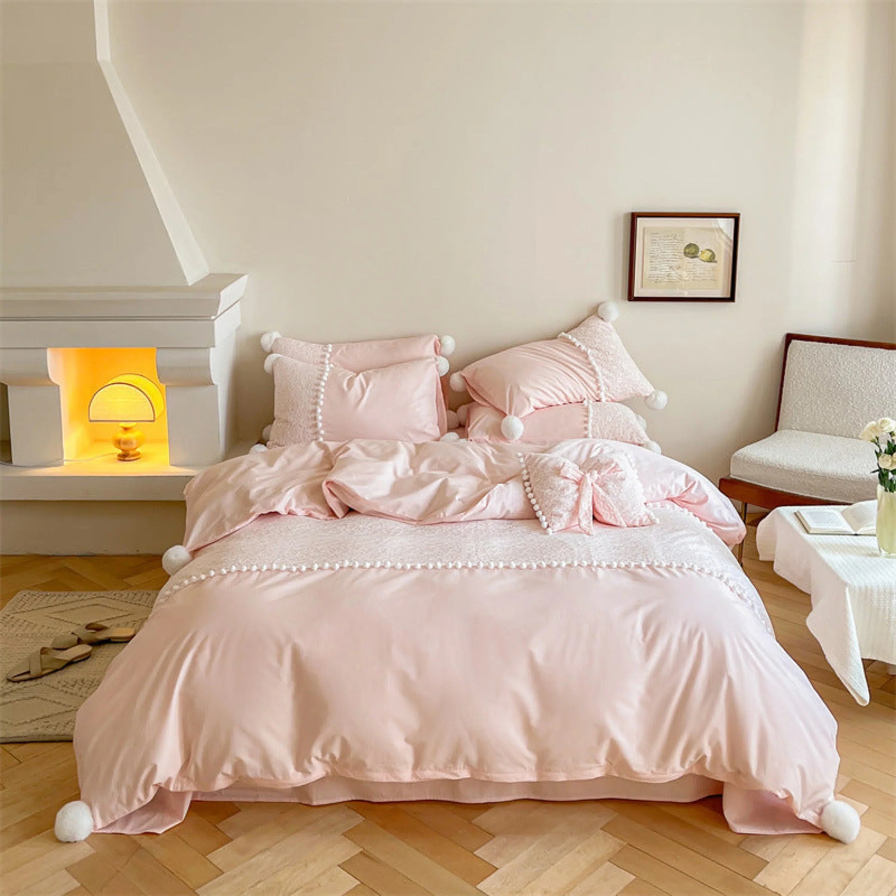 French Sweet Lace Plush Ball Bedding Set / Pink Ever Lasting