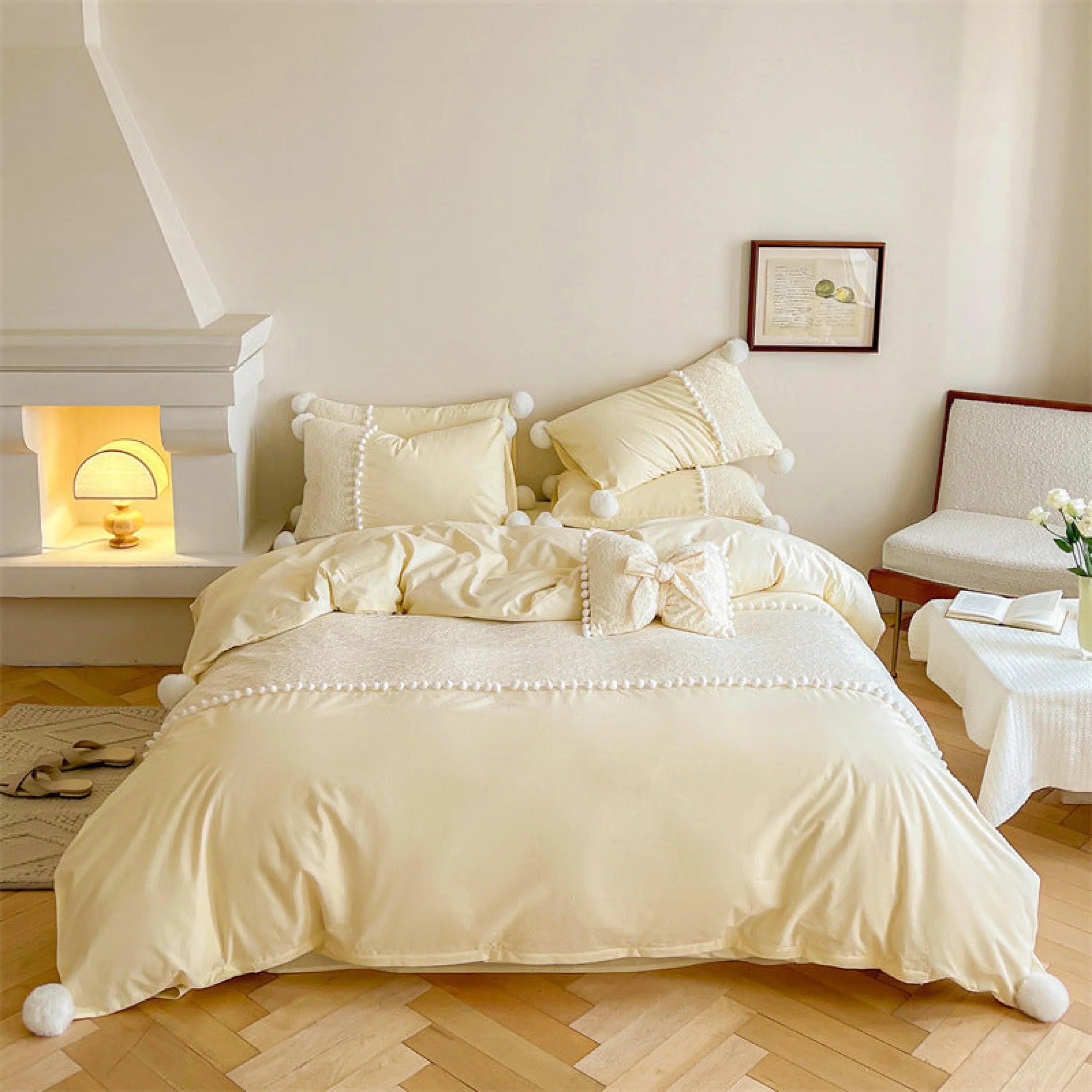 French Sweet Lace Plush Ball Bedding Set / Pink Ever Lasting