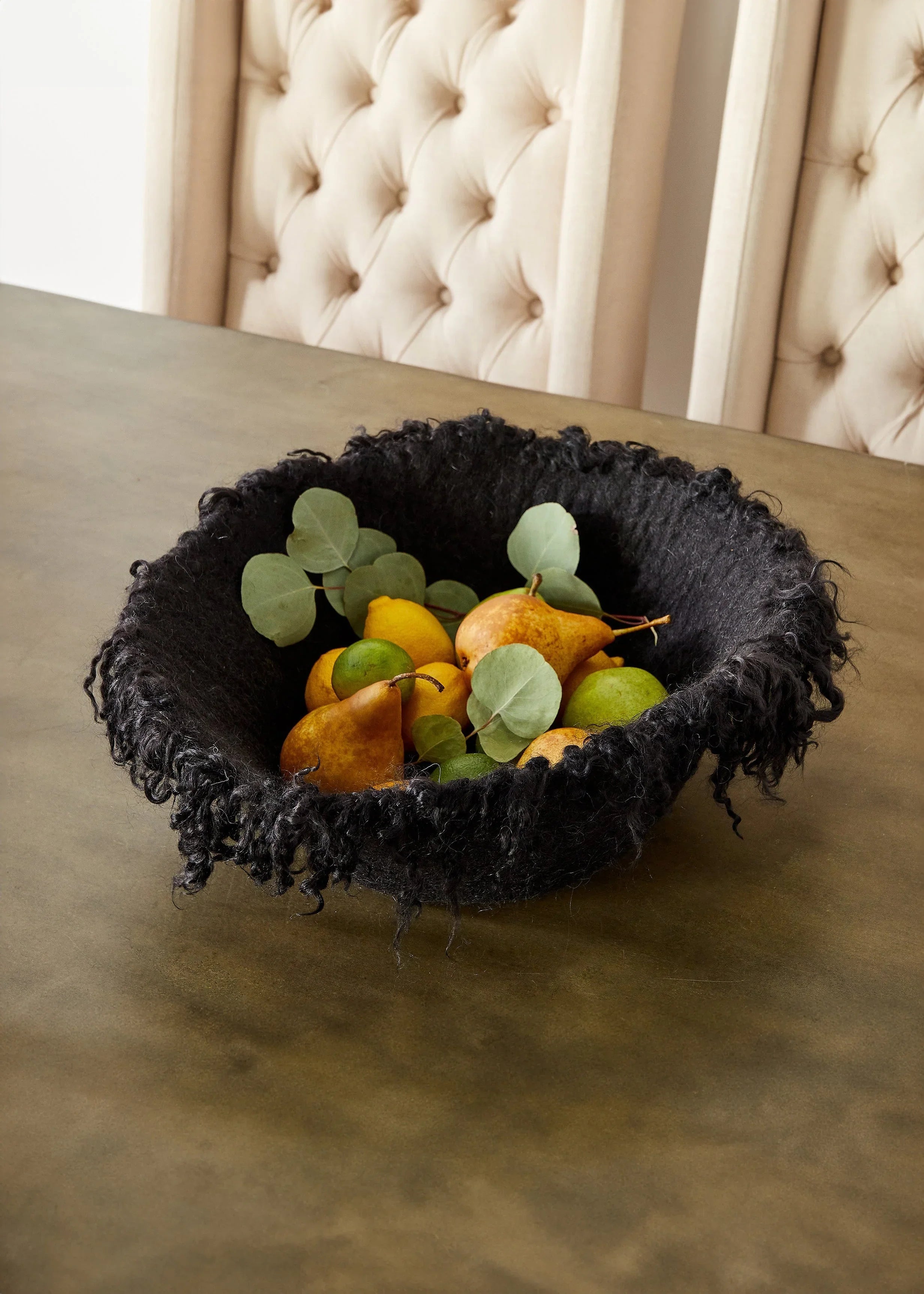 Fringed Skirt Black Decorative Karakul Wool and Mohair Bowl - House Of Avana