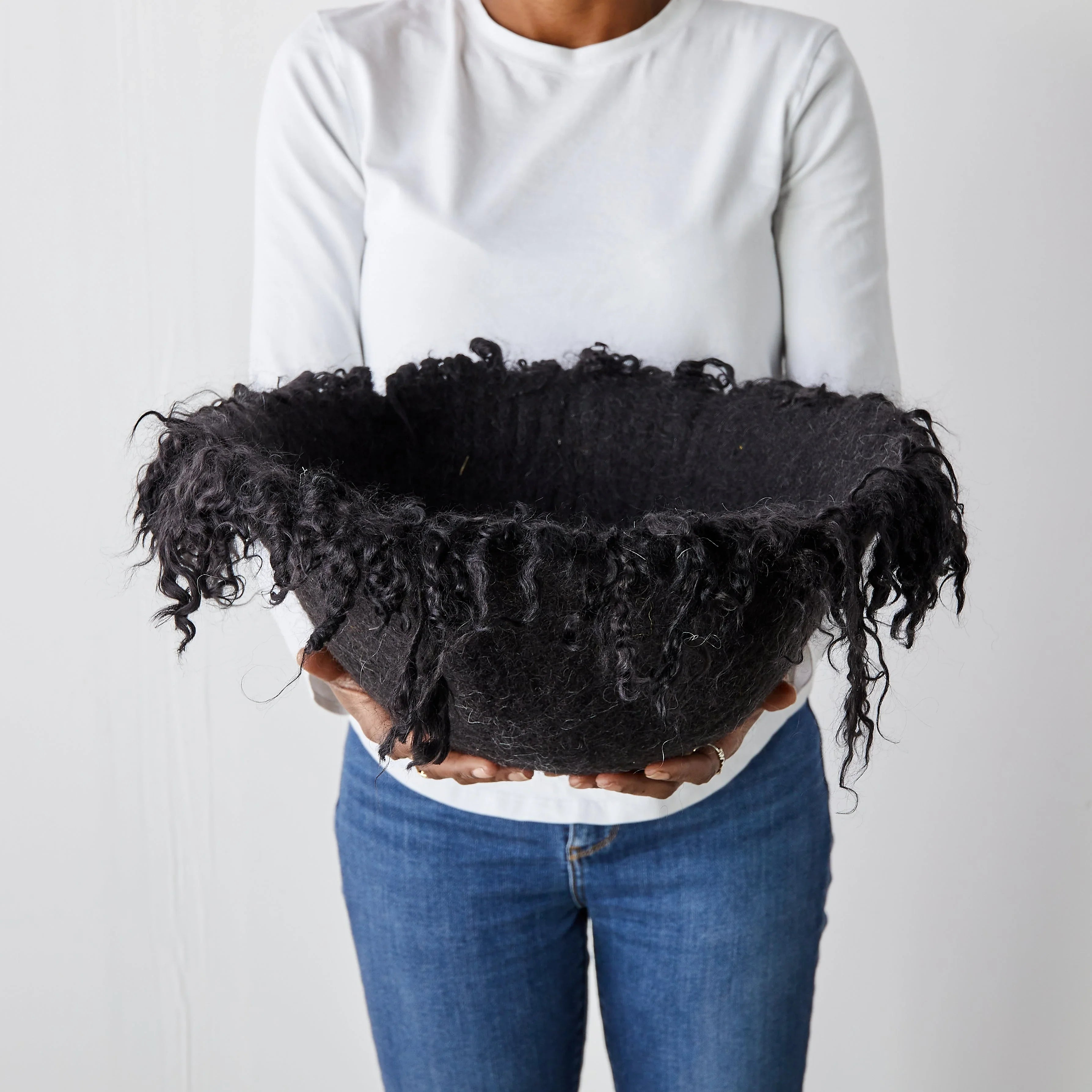 Fringed Skirt Black Decorative Karakul Wool and Mohair Bowl - House Of Avana