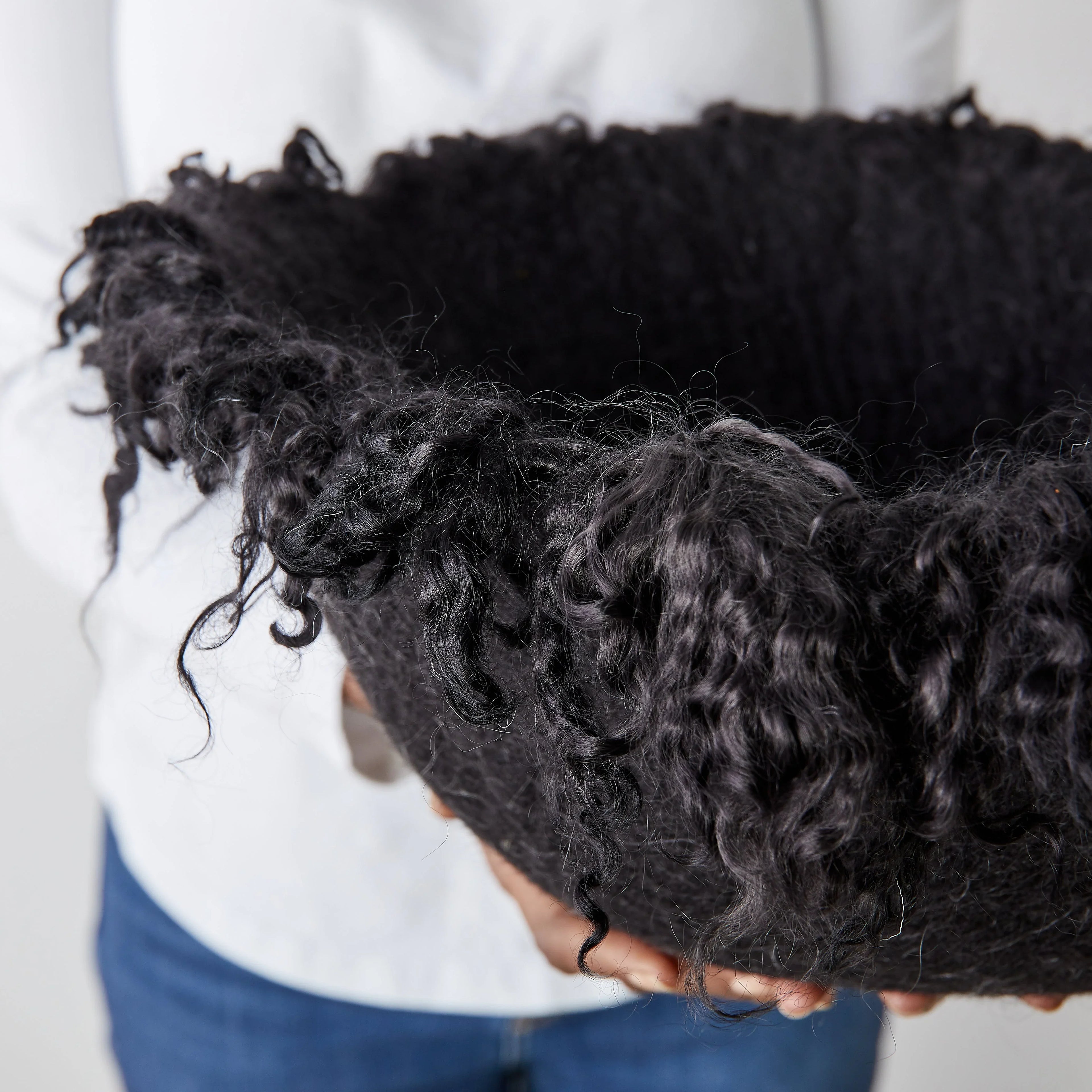 Fringed Skirt Black Decorative Karakul Wool and Mohair Bowl - House Of Avana