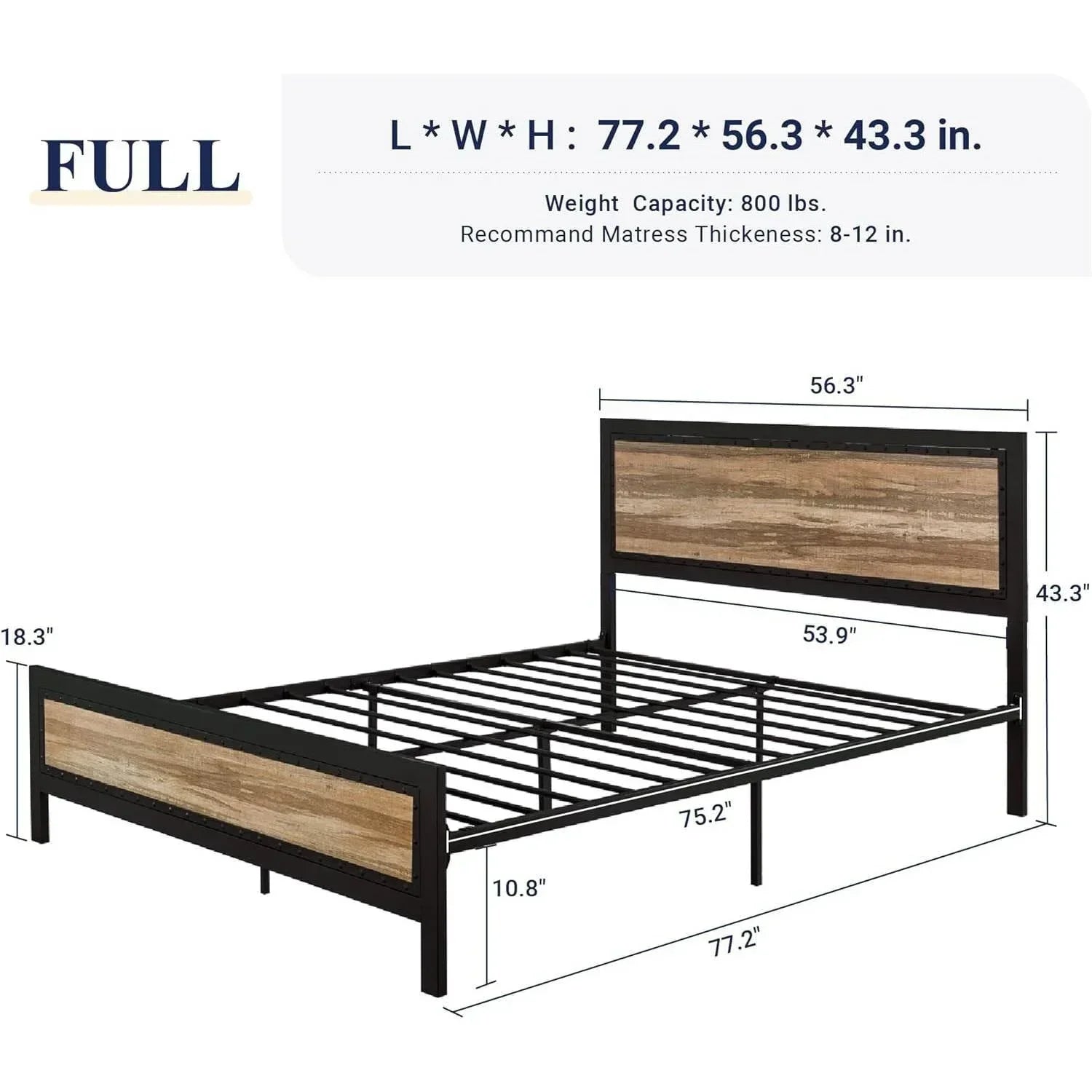 Full Industrial Metal Wood Rivet Platform Bed Frame w/ Headboard and Footboard