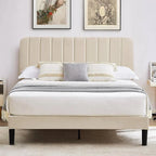 Full size Beige Upholstered Platform Bed Frame with Headboard