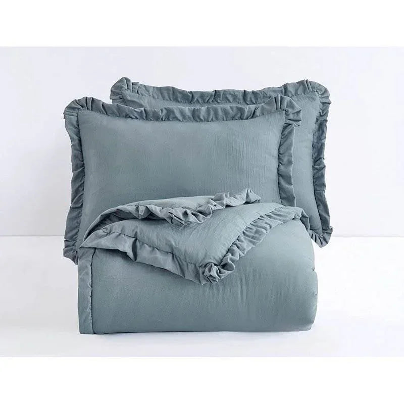 Full Size Blue Stone Washed Ruffled Edge Microfiber 3-Piece Comforter Set