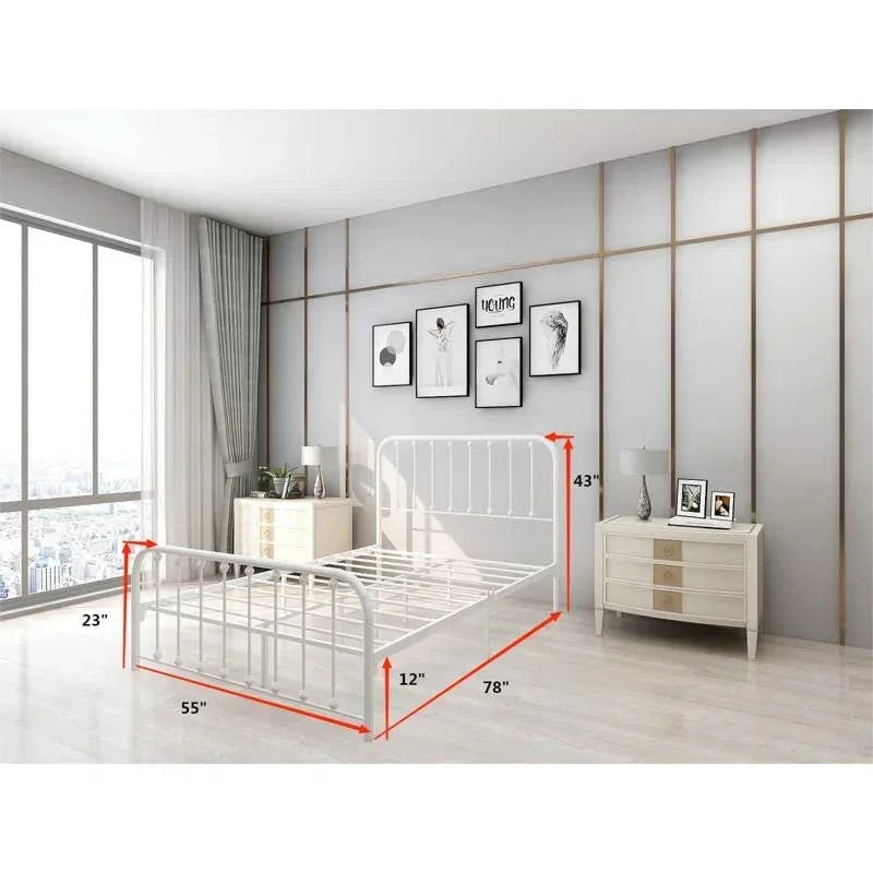 Full size Classic White Metal Bed Frame with Slatted Headboard and Footboard