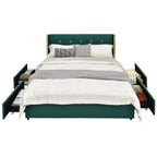 Full Size Green/Gold Linen Headboard 4 Drawer Storage Platform Bed