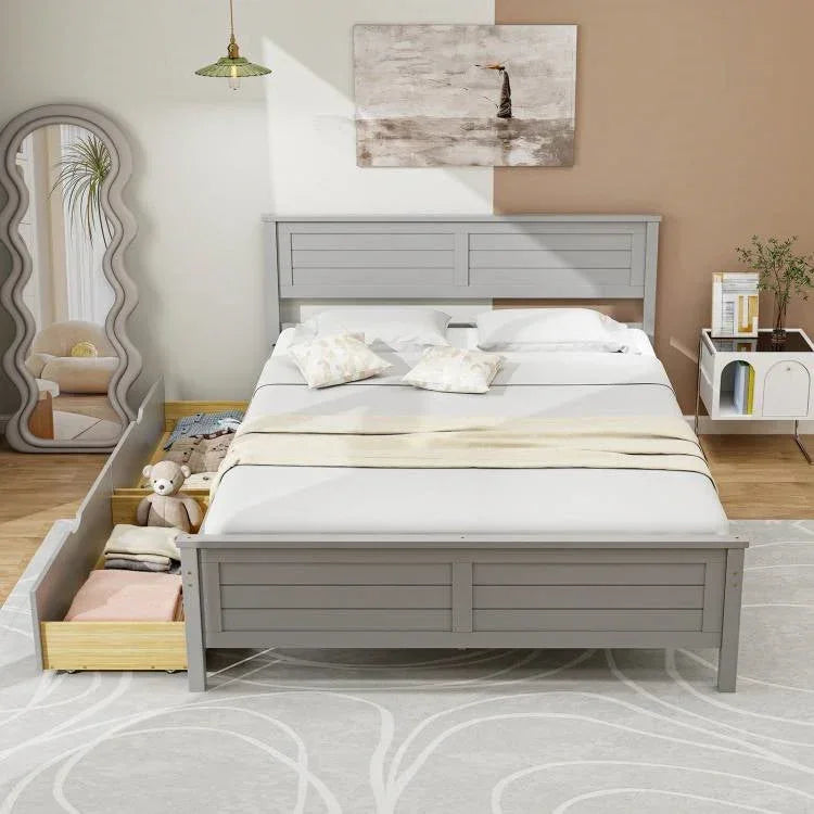 Full Size Grey Platform Bed Frame with 2 Storage Drawers