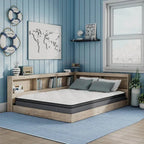 Full size Natural Wood Corner Storage Bed with Bookcase Headboard and USB Ports