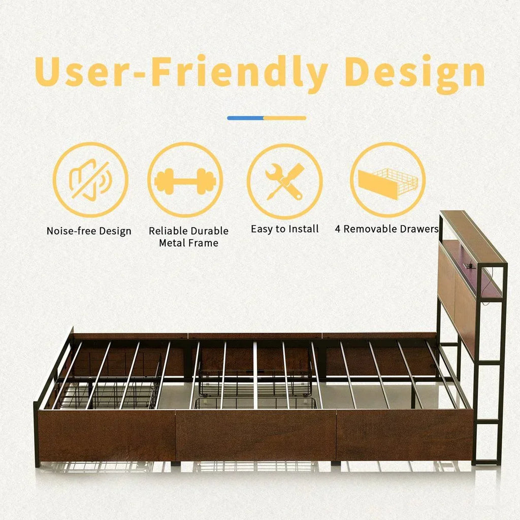 Full size Platform Bed with Headboard and Storage Drawers in Brown Wood Finish