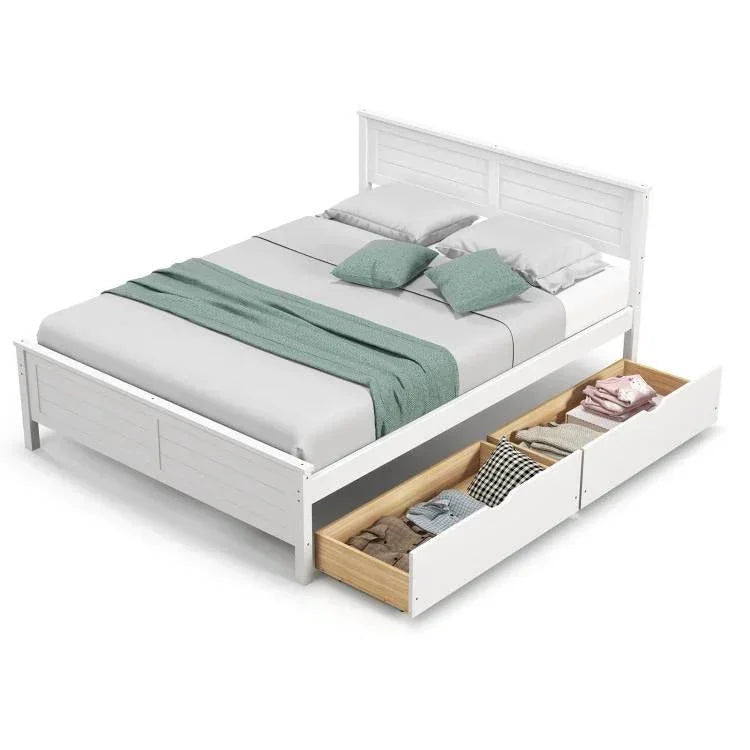 Full Size White Platform Bed Frame with 2 Storage Drawers