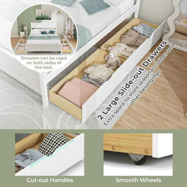 Full Size White Platform Bed Frame with 2 Storage Drawers