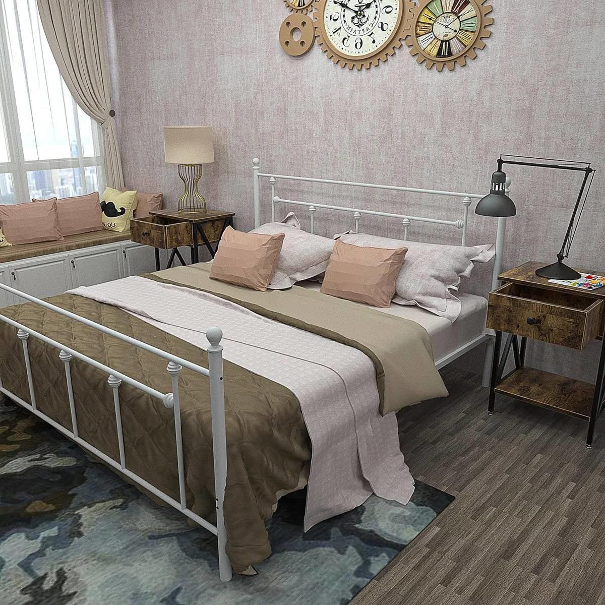 Full Vintage Style White Metal Platform Bed Frame with Headboard Footboard