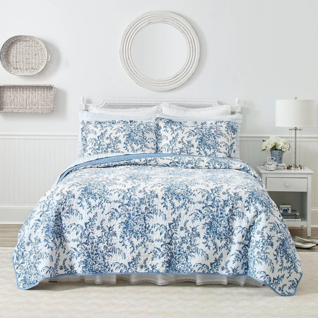 Full/Queen 3 Piece Bed In A Bag Reversible Blue White Floral Cotton Quilt Set