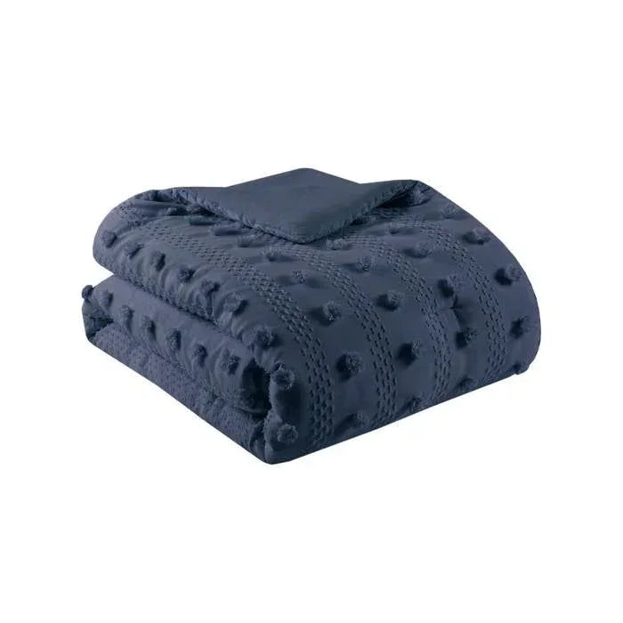 Full/Queen 3 Piece Navy Pompom Microfiber Hypoallergenic Comforter Set
