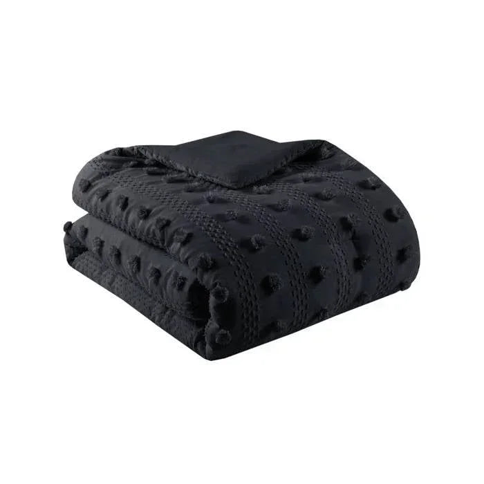 Full/Queen 3 Piece Pompom Microfiber Hypoallergenic Comforter Set in Black