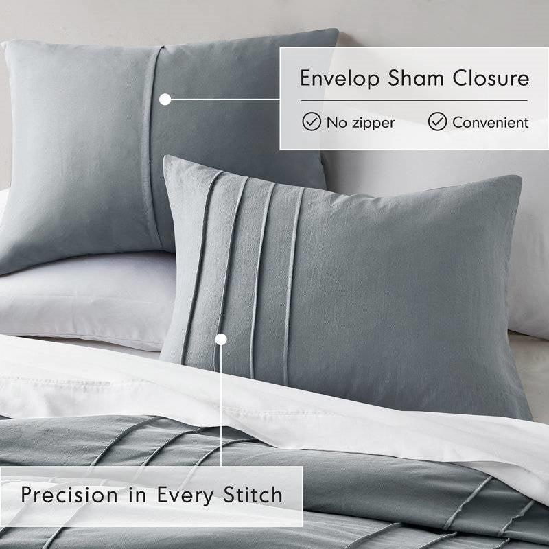 Full/Queen size Pleated Pre-Washed Microfiber Comforter Set in Blue Grey