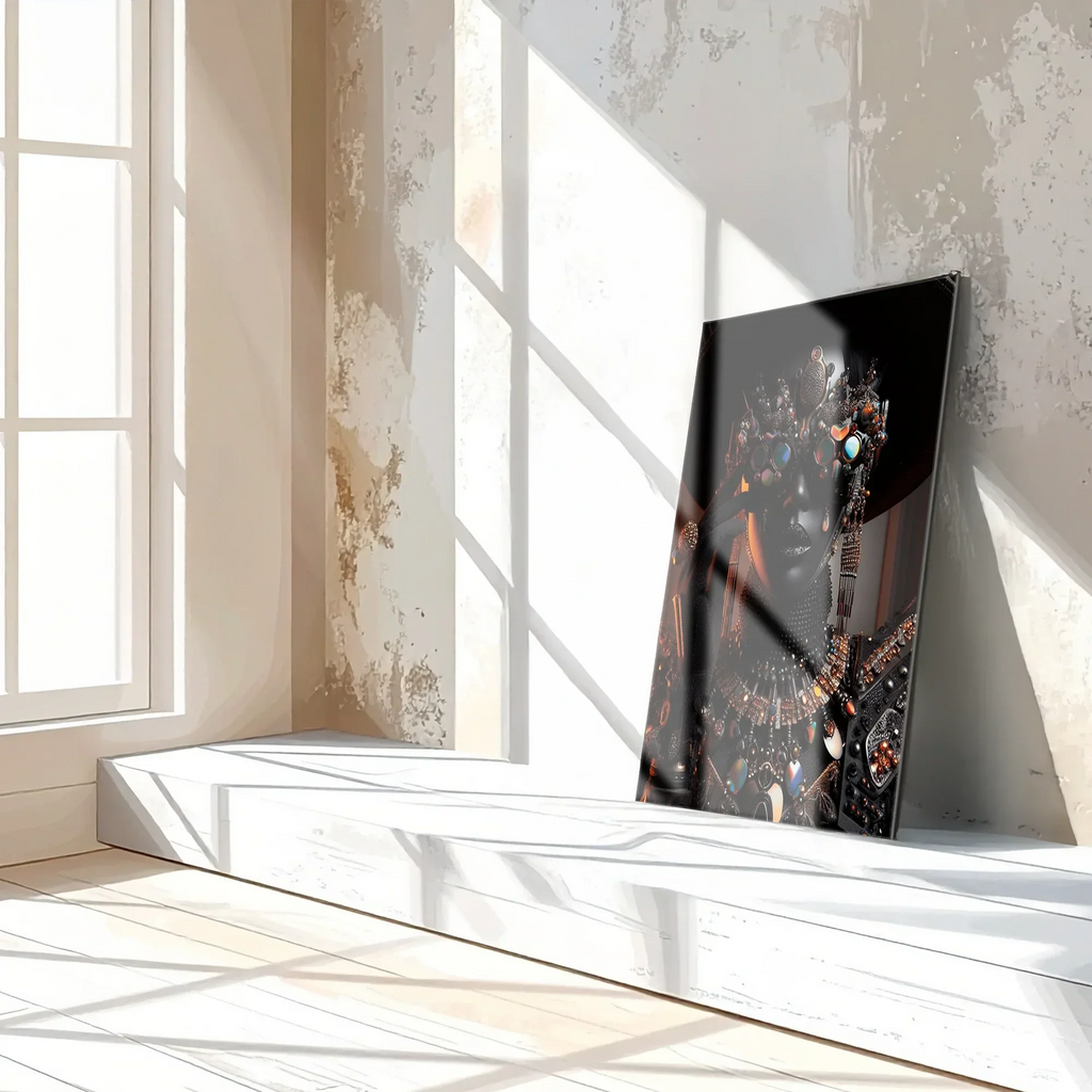 Futuristic Black Diva Portrait UV Glass Wall Art – Opulent Cyber Couture Aesthetic-KAFCD073 Peony Atelier