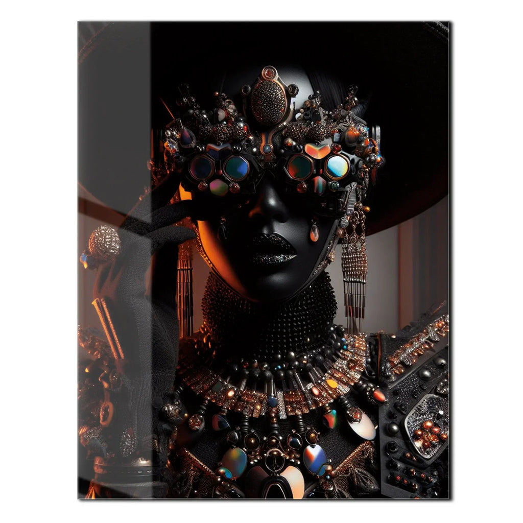Futuristic Black Diva Portrait UV Glass Wall Art – Opulent Cyber Couture Aesthetic-KAFCD073 Peony Atelier