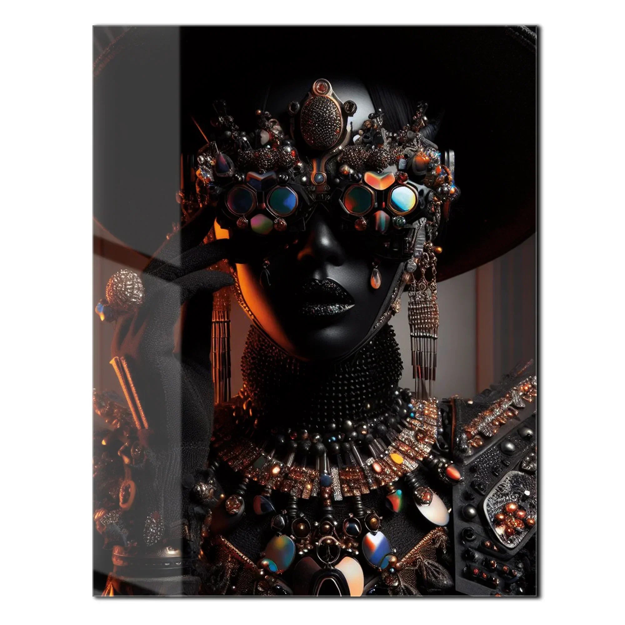 Futuristic Black Diva Portrait UV Glass Wall Art – Opulent Cyber Couture Aesthetic-KAFCD073 Peony Atelier
