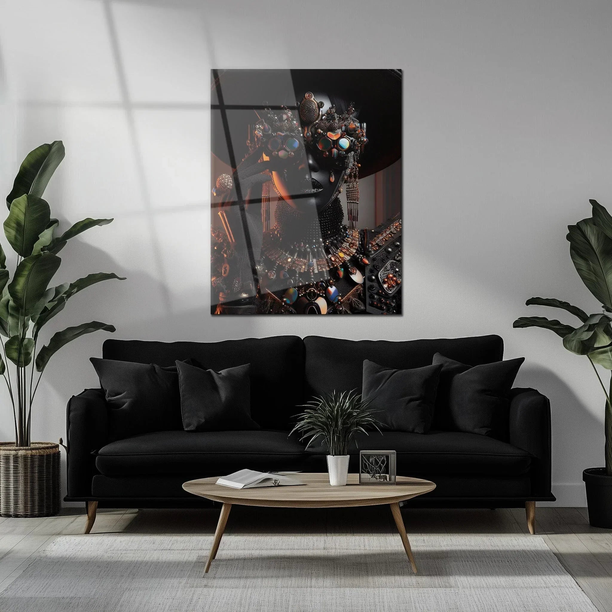 Futuristic Black Diva Portrait UV Glass Wall Art – Opulent Cyber Couture Aesthetic-KAFCD073 Peony Atelier