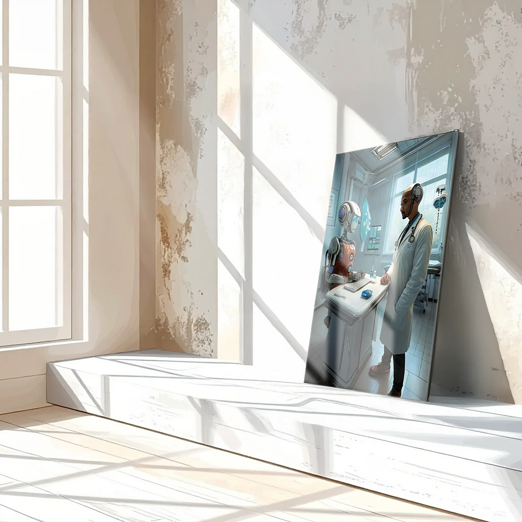 Futuristic Doctor and Robot Patient – UV Printed Glass Wall Art for Sci-Fi Lovers - KAFCD107 Peony Atelier