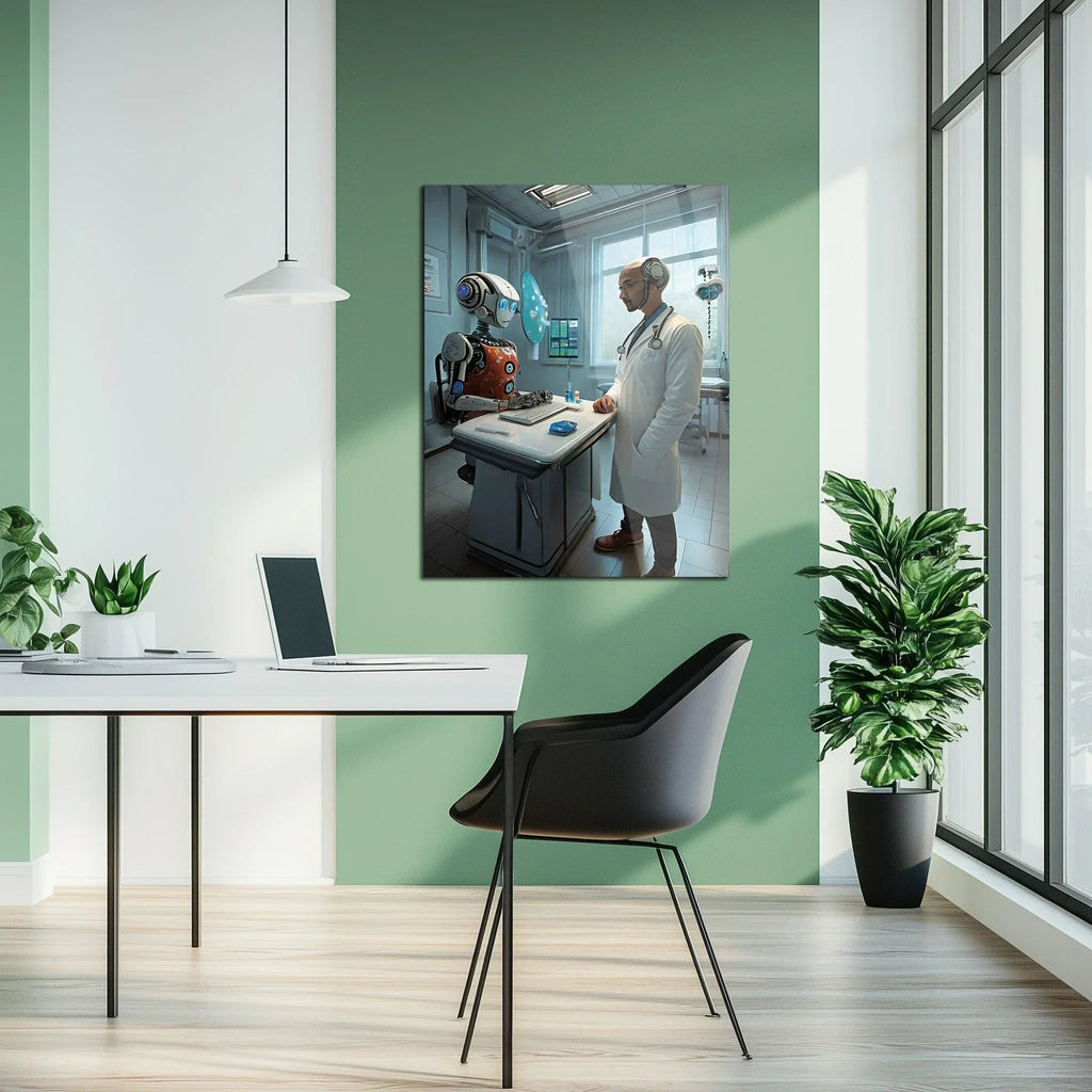 Futuristic Doctor and Robot Patient – UV Printed Glass Wall Art for Sci-Fi Lovers - KAFCD107 Peony Atelier