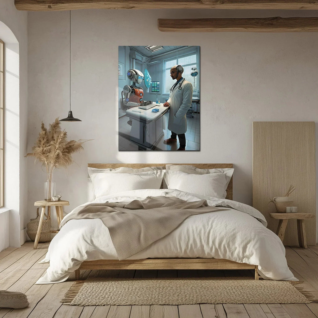 Futuristic Doctor and Robot Patient – UV Printed Glass Wall Art for Sci-Fi Lovers - KAFCD107 Peony Atelier