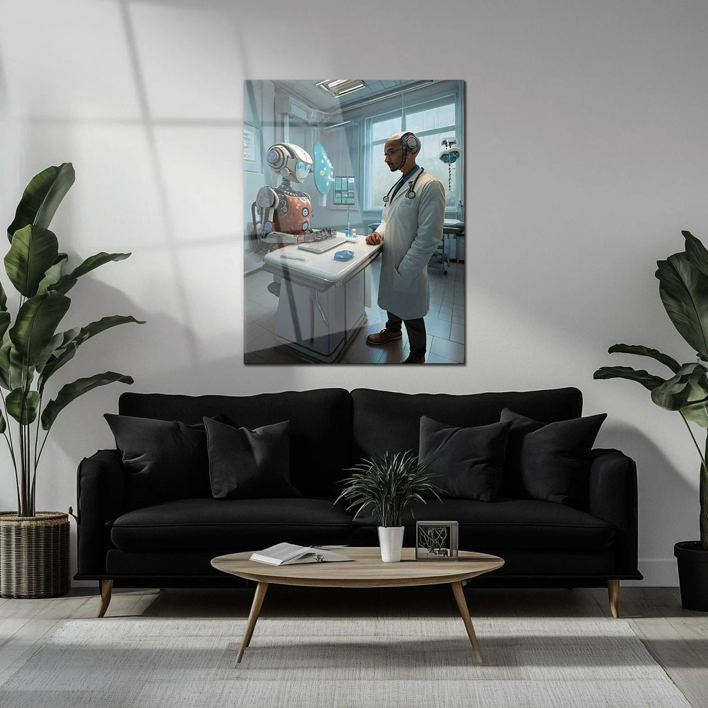 Futuristic Doctor and Robot Patient – UV Printed Glass Wall Art for Sci-Fi Lovers - KAFCD107 Peony Atelier