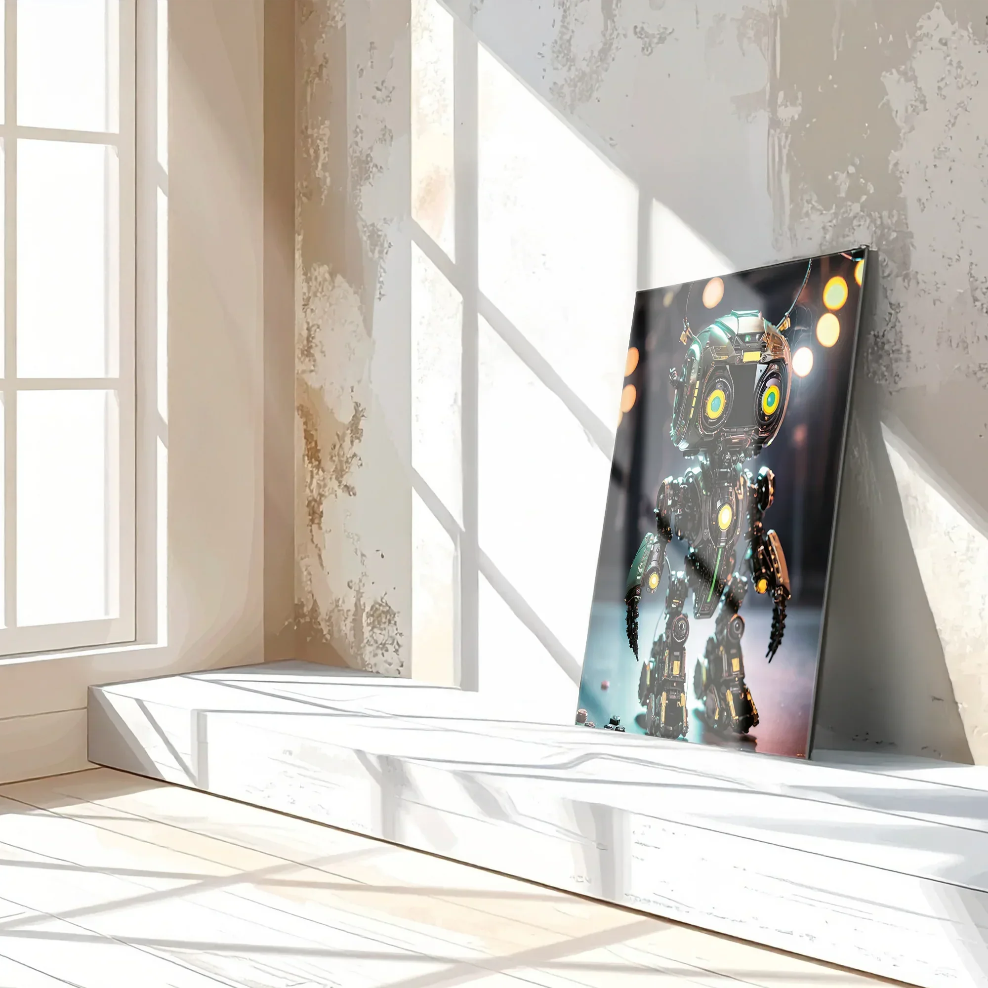 Futuristic Neon-Eyed Robot Character – UV Printed Glass Wall Art - KAFCD105 Peony Atelier
