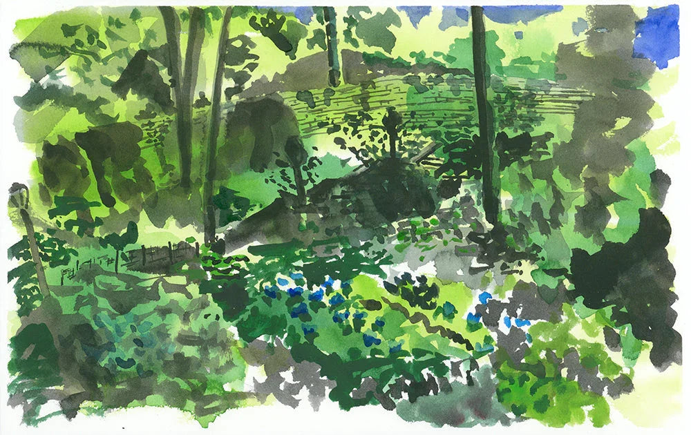 View of Alpine Garden, Fort Tryon, Watercolor, Plein Air, front view - House Of Avana