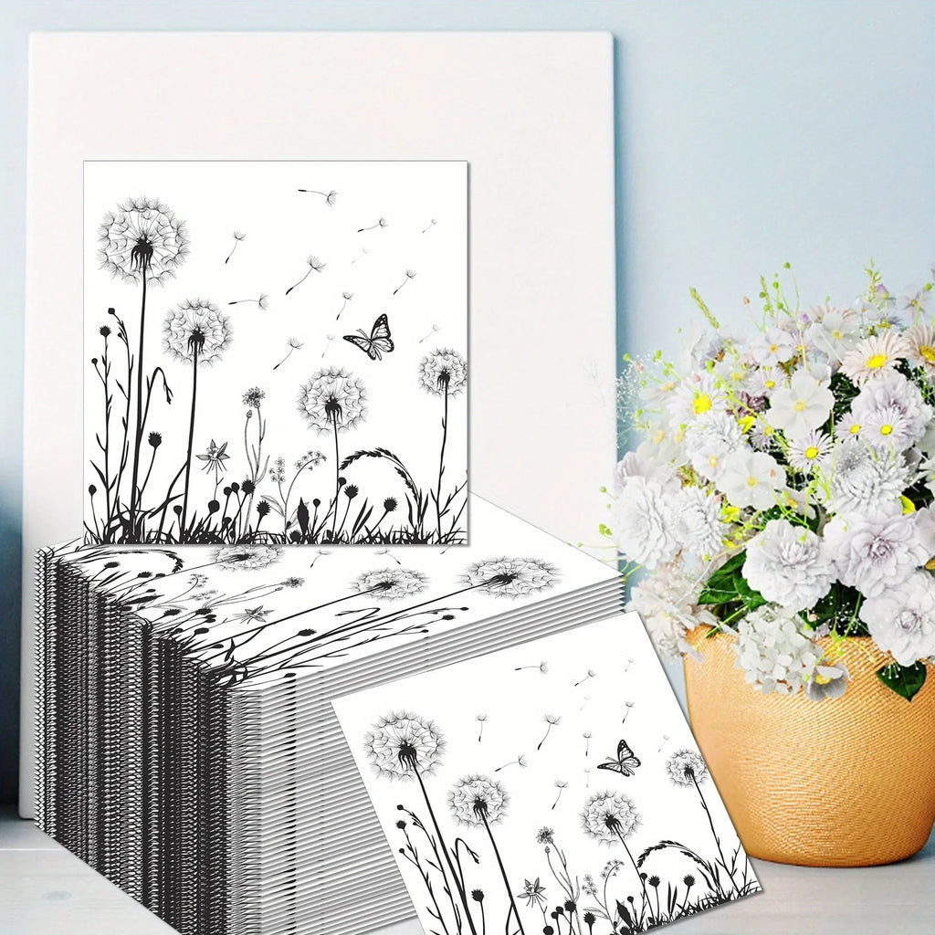 100-Pack White & Black Dandelion Biodegradable Napkins - 6.5"x6.5" - House Of Avana