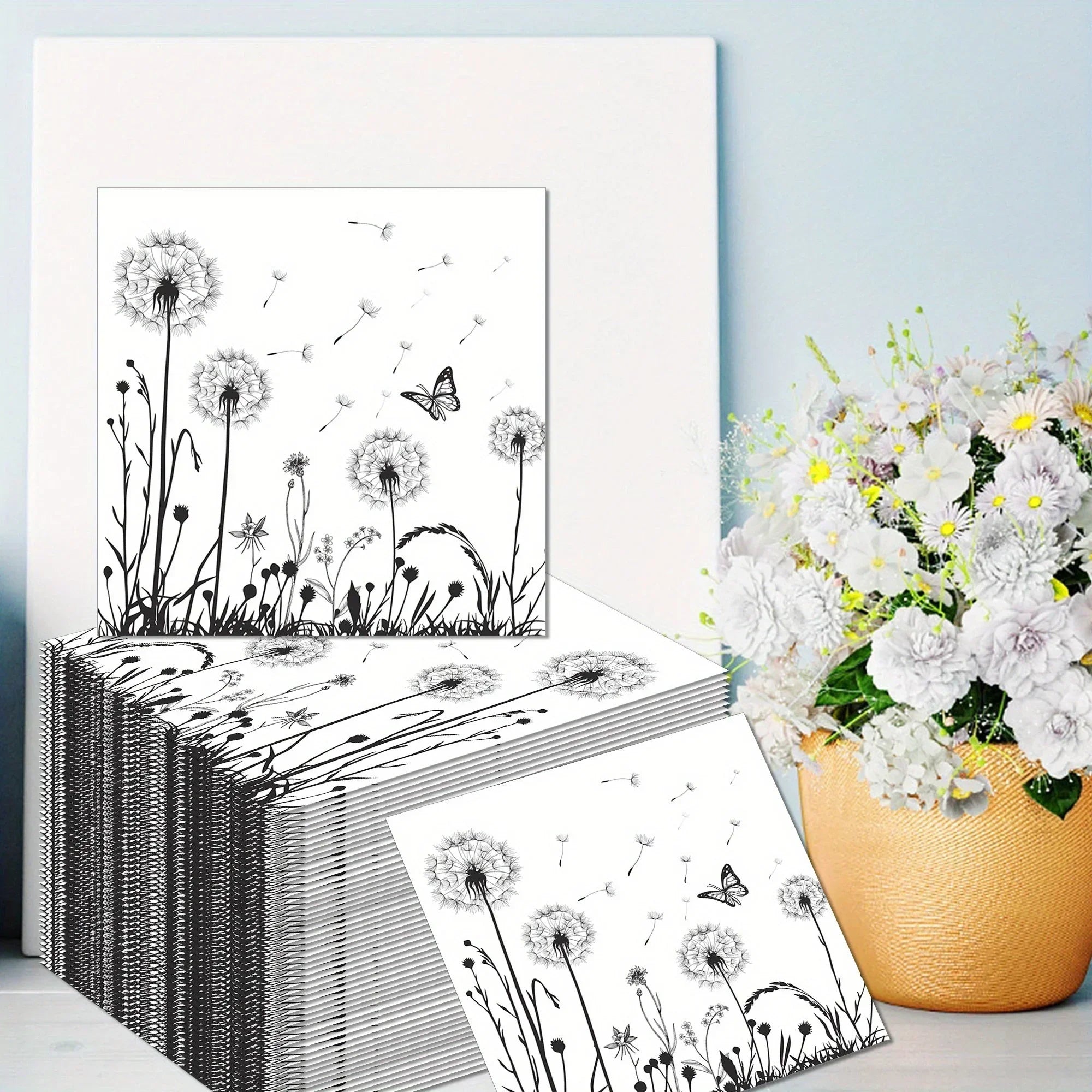 100-Pack White & Black Dandelion Biodegradable Napkins - 6.5"x6.5" - House Of Avana