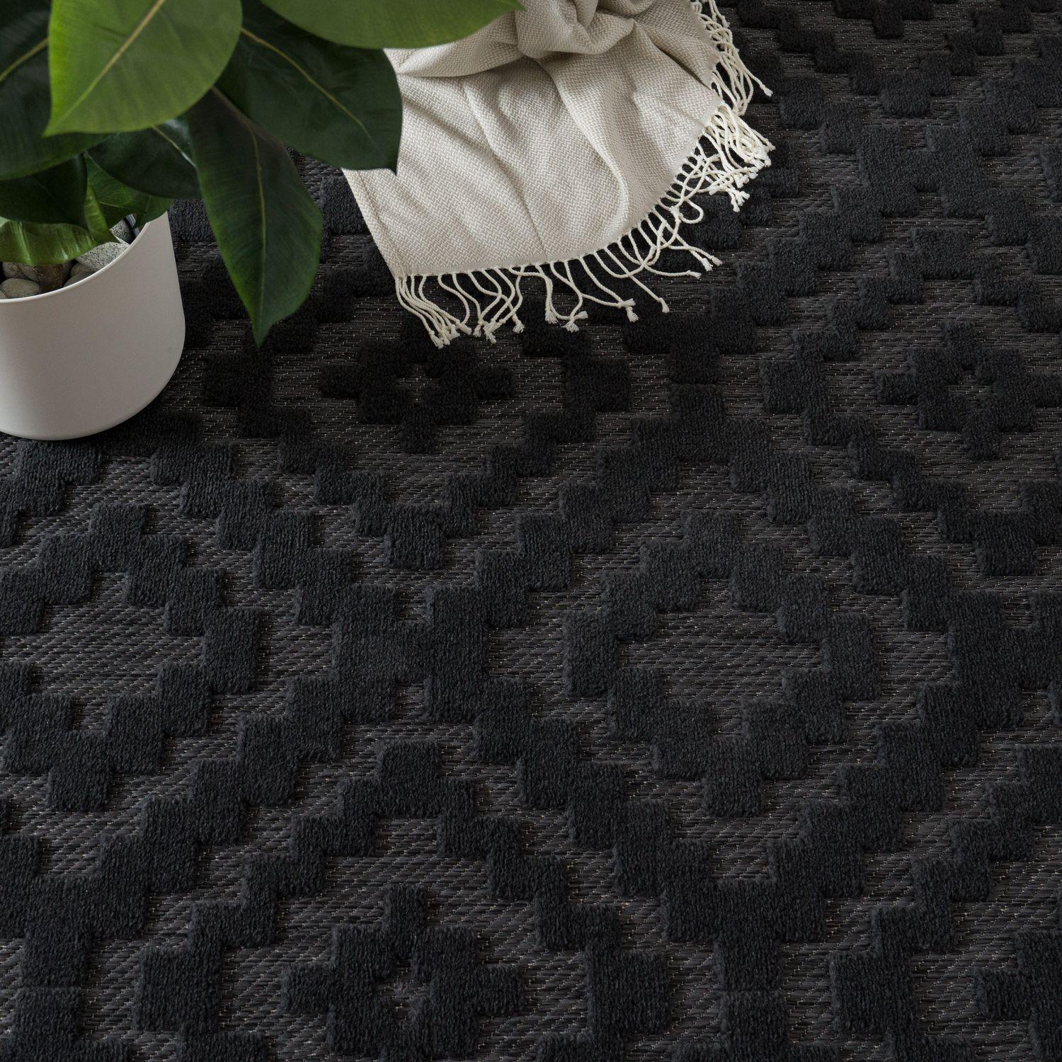 Indoor Outdoor Rug Livorno Trellis High-Low Pattern In Anthracite RugYourHome