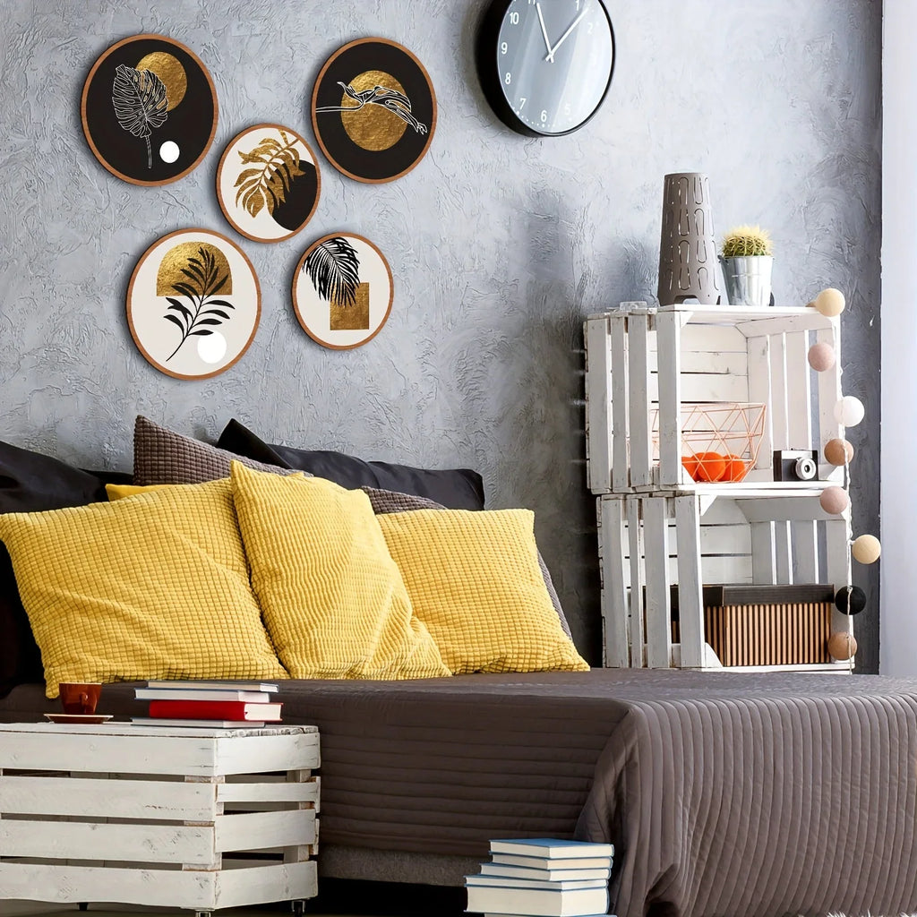 Wood wall art set in natural wood tone, geometric patterns - House of Avana