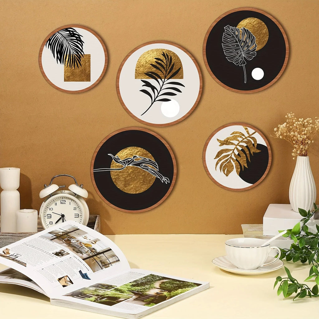 Wood wall art set in natural wood tone, geometric patterns - House of Avana