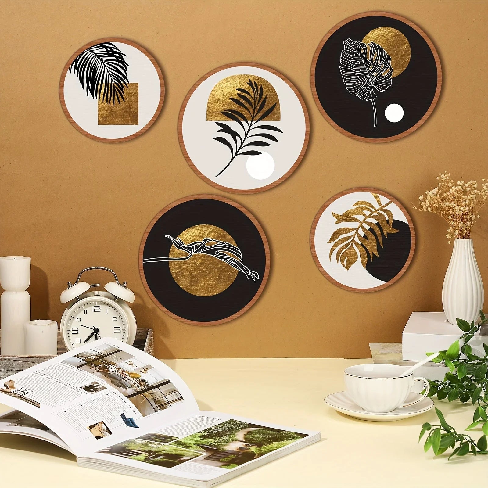 Wood wall art set in natural wood tone, geometric patterns - House of Avana