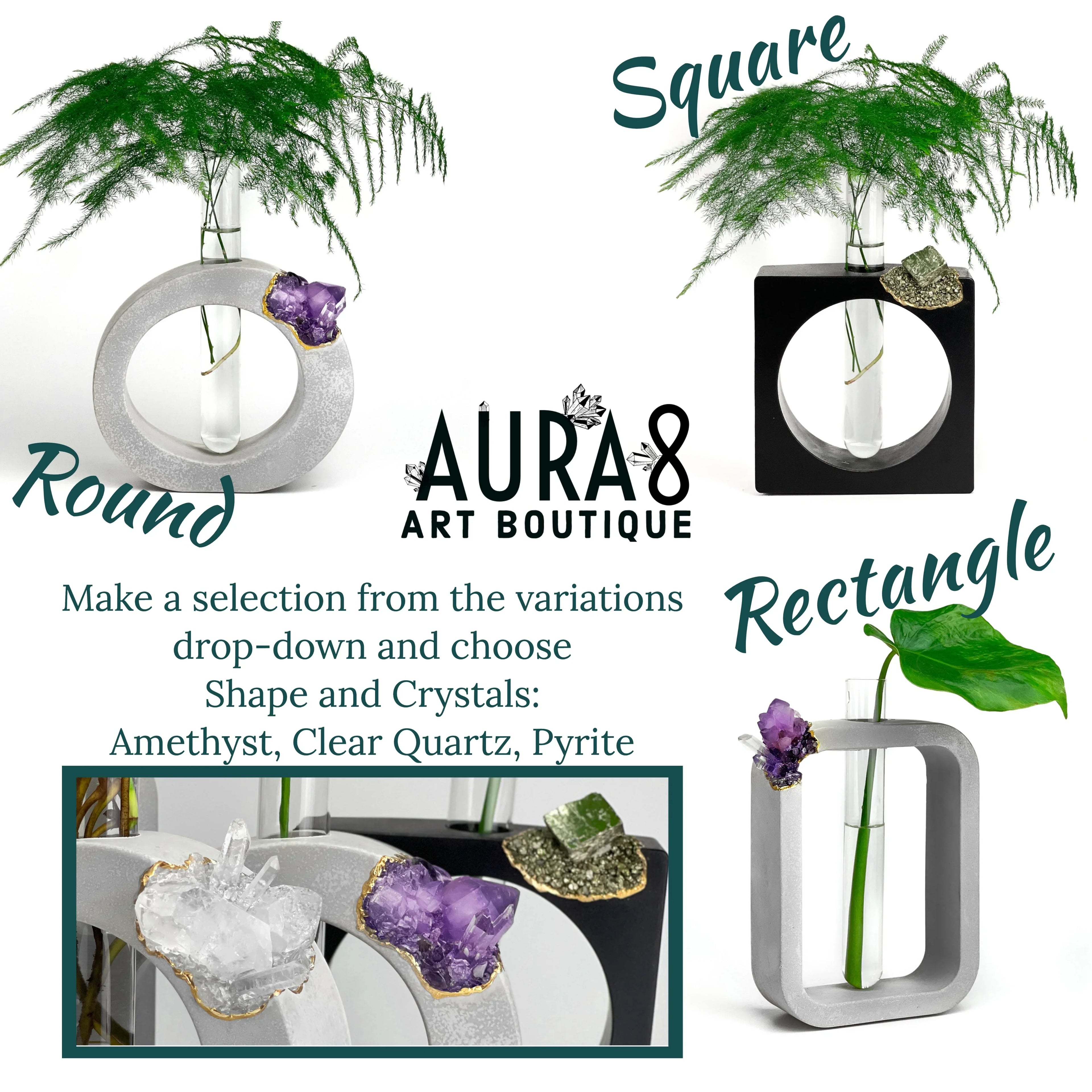 Concrete plant propagation stations in round square and rectangle shapes with amethyst and pyrite crystals.