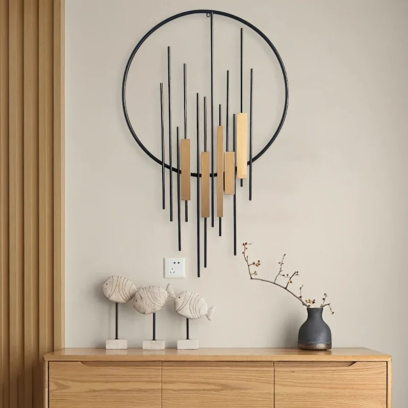 Vintage Metal Wall Art Decor - Geometric Circle Design with Vertical Bars & Horizontal Beams, Rustic... - House Of Avana