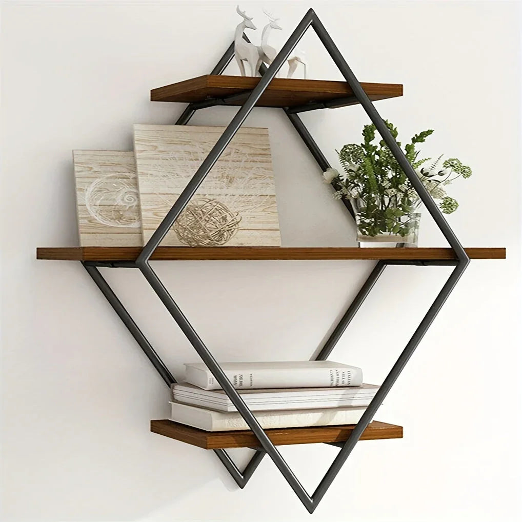 [Geometric Wall Shelves] 3 Tier Geometric Diamond Wall Floating Shelves - Decorative Industrial Hanging Metal Wire Wood Display Shelf for Living Room Kitchen House Of Avana