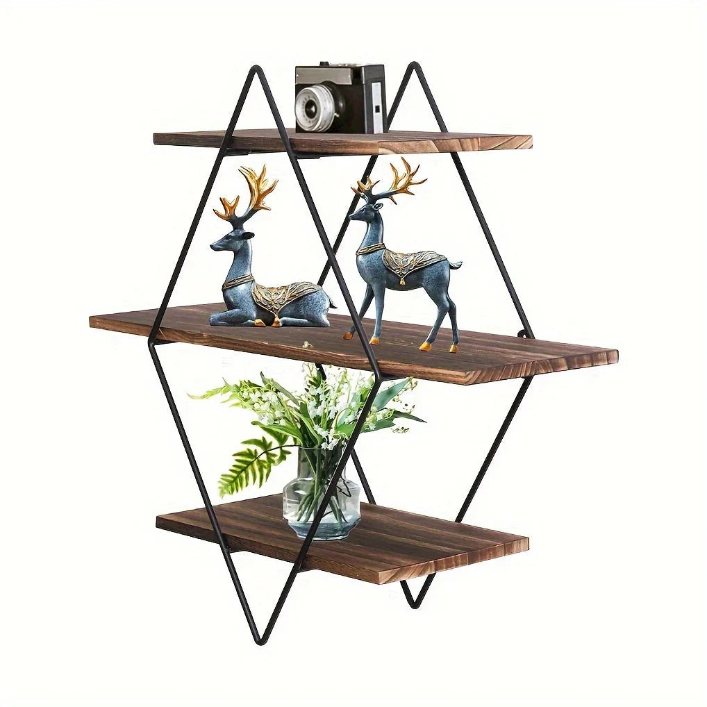 [Geometric Wall Shelves] 3 Tier Geometric Diamond Wall Floating Shelves - Decorative Industrial Hanging Metal Wire Wood Display Shelf for Living Room Kitchen House Of Avana