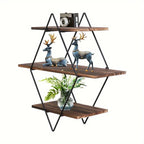 [Geometric Wall Shelves] 3 Tier Geometric Diamond Wall Floating Shelves - Decorative Industrial Hanging Metal Wire Wood Display Shelf for Living Room Kitchen House Of Avana