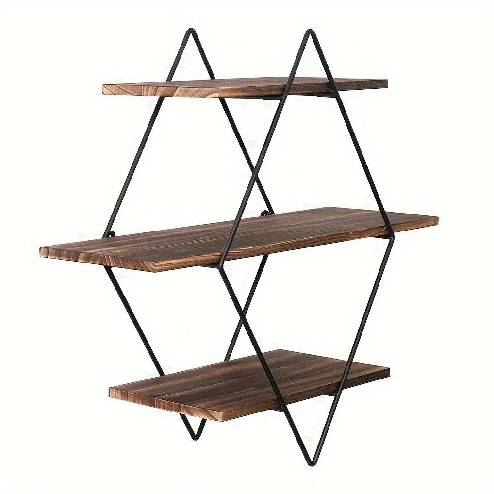 [Geometric Wall Shelves] 3 Tier Geometric Diamond Wall Floating Shelves - Decorative Industrial Hanging Metal Wire Wood Display Shelf for Living Room Kitchen House Of Avana