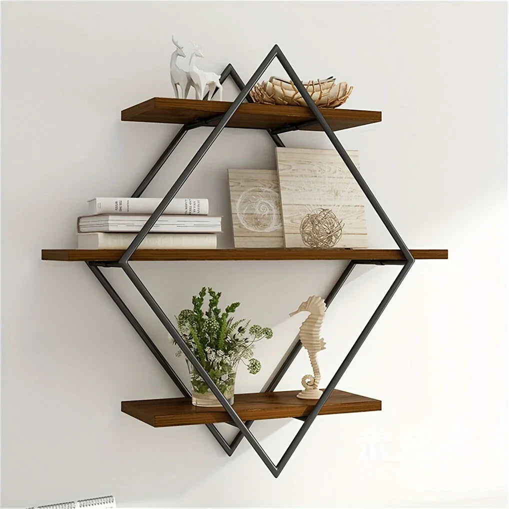 [Geometric Wall Shelves] 3 Tier Geometric Diamond Wall Floating Shelves - Decorative Industrial Hanging Metal Wire Wood Display Shelf for Living Room Kitchen House Of Avana