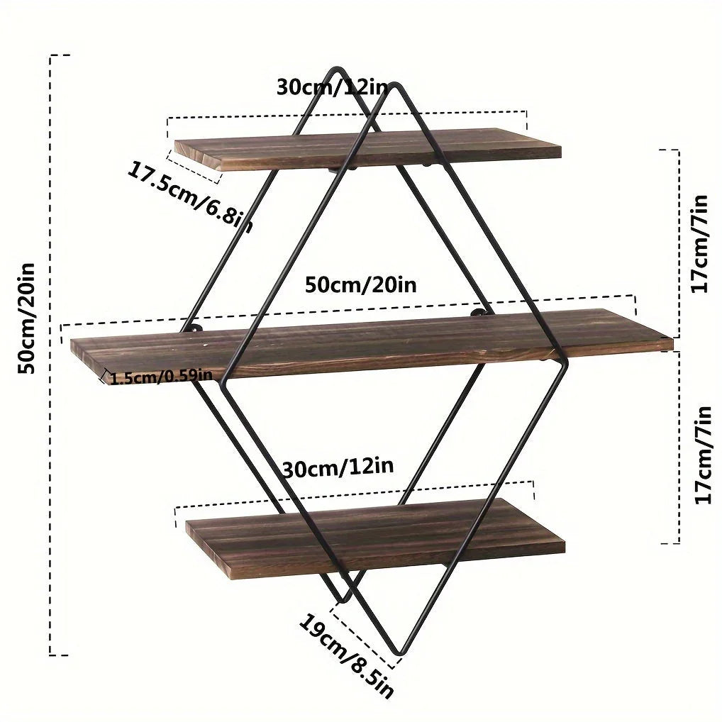 [Geometric Wall Shelves] 3 Tier Geometric Diamond Wall Floating Shelves - Decorative Industrial Hanging Metal Wire Wood Display Shelf for Living Room Kitchen House Of Avana